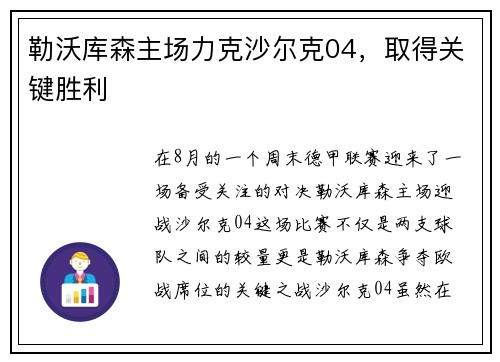 勒沃库森主场力克沙尔克04，取得关键胜利