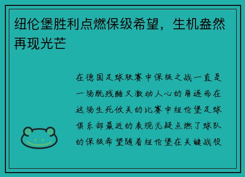 纽伦堡胜利点燃保级希望，生机盎然再现光芒