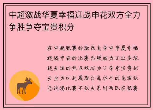 中超激战华夏幸福迎战申花双方全力争胜争夺宝贵积分