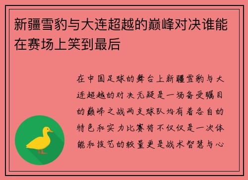 新疆雪豹与大连超越的巅峰对决谁能在赛场上笑到最后