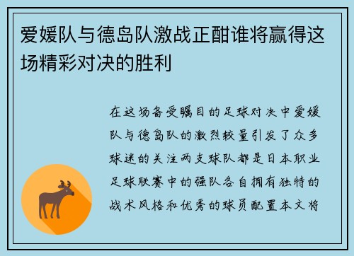 爱媛队与德岛队激战正酣谁将赢得这场精彩对决的胜利