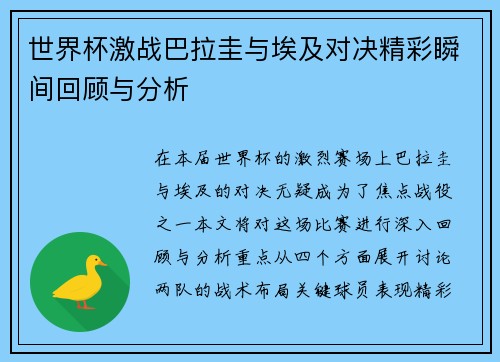 世界杯激战巴拉圭与埃及对决精彩瞬间回顾与分析