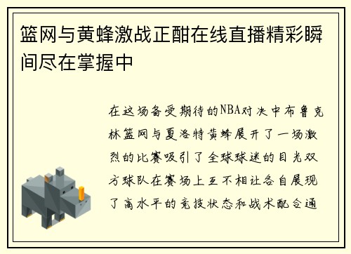 篮网与黄蜂激战正酣在线直播精彩瞬间尽在掌握中