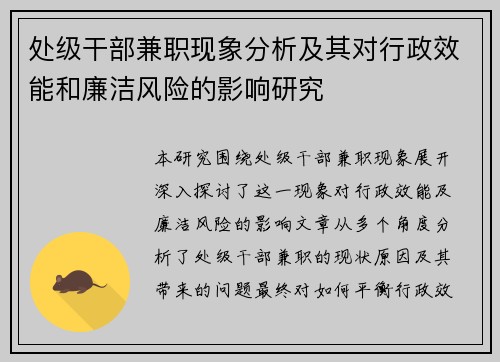 处级干部兼职现象分析及其对行政效能和廉洁风险的影响研究