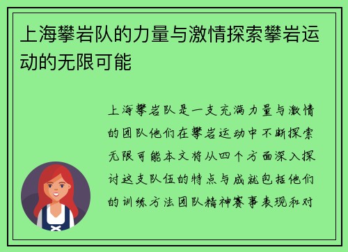 上海攀岩队的力量与激情探索攀岩运动的无限可能