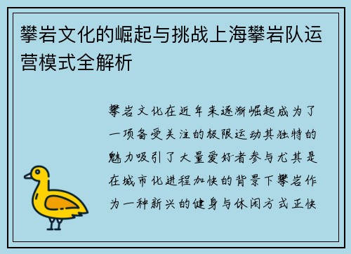 攀岩文化的崛起与挑战上海攀岩队运营模式全解析