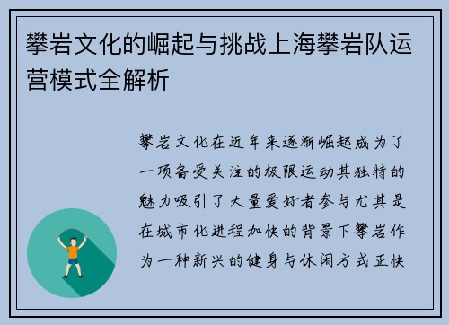 攀岩文化的崛起与挑战上海攀岩队运营模式全解析