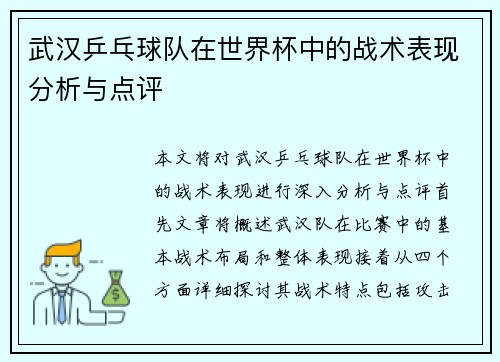武汉乒乓球队在世界杯中的战术表现分析与点评